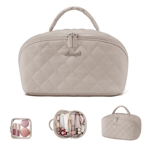 LOVEVOOK Travel Makeup Bag for Women, 2Pcs Puffer Waterproof Cosmetic Organizer, Large Capacity Pouch Open Flat Small Toiletry Bag with Brush Compartment & Handle (Light khaki, Medium) - color: Light khaki, size: Medium