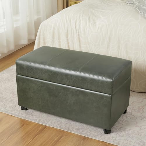 Joveco 32" Faux Suede Storage Ottoman Bench with Wheel, Rectangle Foot Rest Stool for Living Room, Bedroom, Entryway,Moss Green - color: Green,32" Wide With Wheels, size: 32" Wide