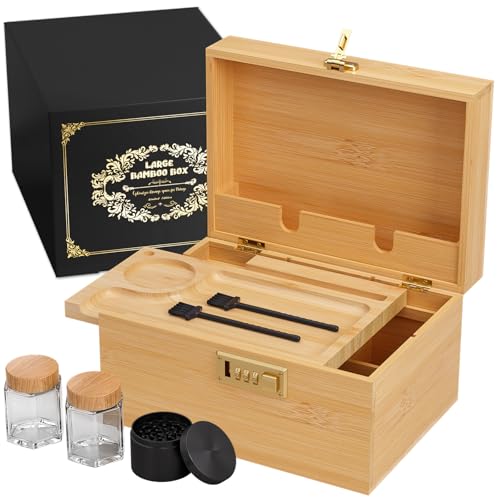 Bamboo Storage Box with Lid and Lock - Wooden Storage Box with Rolling Tray, Adjustable Dividers, Elegant Storage Organizer, Gift for Men - color: Natural, size: Medium