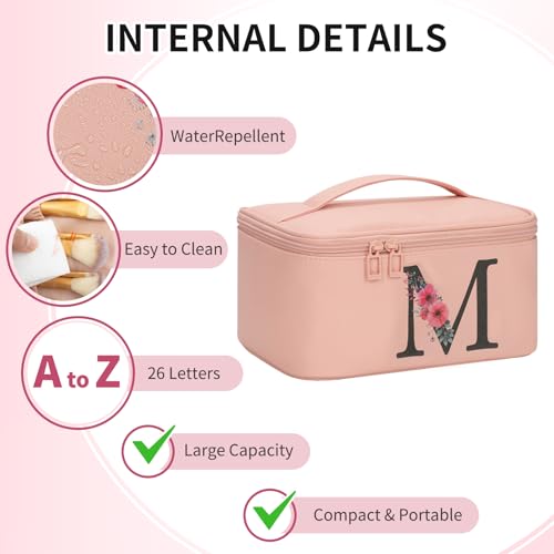 OCHEAL Initial Makeup Bag,Monogram Make up Bag Pink Travel Makeup Organizer Case Beauty Toiletry Cosmetic Bag with Brush Holder, Trendy Stuff Personalized Gifts for Women and Girls-M - color: Pink, style: M