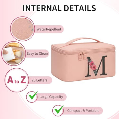 OCHEAL Initial Makeup Bag,Monogram Make up Bag Pink Travel Makeup Organizer Case Beauty Toiletry Cosmetic Bag with Brush Holder, Trendy Stuff Personalized Gifts for Women and Girls-M - color: Pink, style: M