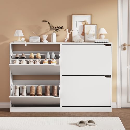 Shoe Storage Cabinet, Wood Shoe Organizer for Entryway with 3 Flip Drawers, Freestanding Shoe Rack with Adjustable Shelf, Narrow Shoe Dresser for Front Door Entrance (White, 4 Drawers) - color: White, size: Regular 4 Drawers