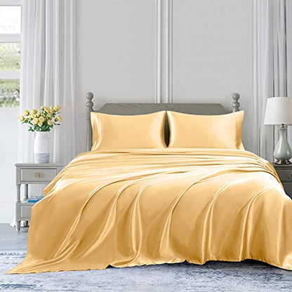 Homiest 3pcs Satin Sheets Set Luxury Silky Satin Bedding Set with Deep Pocket, 1 Fitted Sheet + 1 Flat Sheet + 1 Pillowcase (Twin Size, Gold) - color: Gold, size: Deep pocket - Twin size