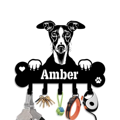 NIWAHO Dog Leash Holder Wall Mount Personalized Name - Custom Whippet Metal Sign with Bone Key Hooks, Pet Leash and Key Organizer for Entryway - color: Whippet