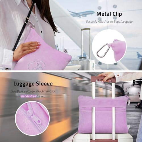 Travel Blanket Pillow,Airplane Blanket Compact with Bag Eye Mask, Ultra-Soft,Warm & Lightweight Included,Travel Essentials for Women & Men, Luggage Sleeve & Backpack Clip 65x40 in,Purple - color: Pastel Purple