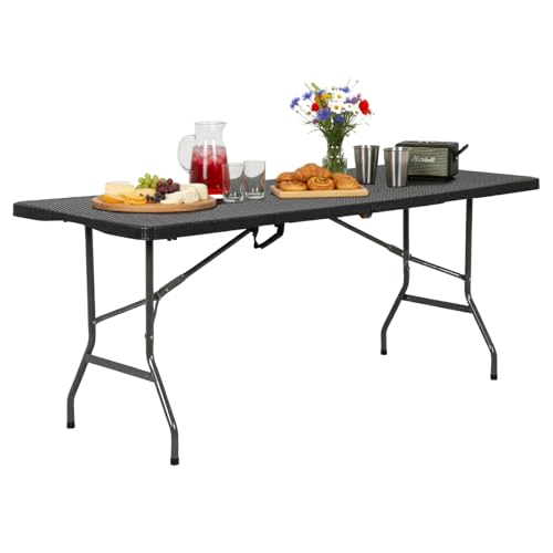 FDW 6FT Folding Table, Portable Fold-in-Half Plastic Picnic Party Table with Carrying Handle （Black Ratten, 6FT） - color: Black Ratten, size: 6 FT 70"x29"