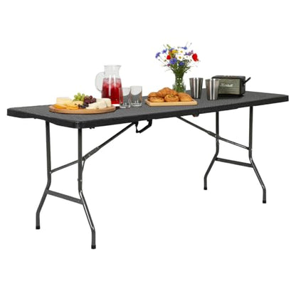 FDW 6FT Folding Table, Portable Fold-in-Half Plastic Picnic Party Table with Carrying Handle （Black Ratten, 6FT） - color: Black Ratten, size: 6 FT 70"x29"