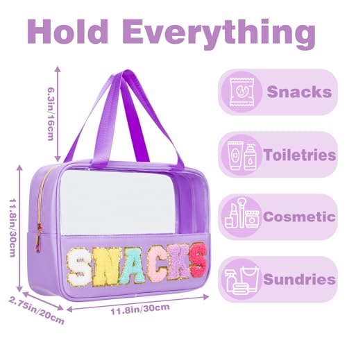 Snack Bags Chenille Letter Patch Clear Bag for Travel, Preppy Cosmetic Bag Snack pouch with Zipper, Toiletry Bag for Traveling Women, Clear Travel Bags for Toiletries (Deep Purple) - color: Deep Purple