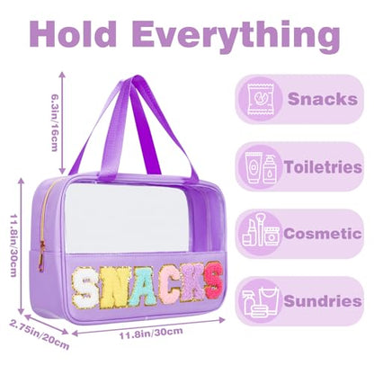 Snack Bags Chenille Letter Patch Clear Bag for Travel, Preppy Cosmetic Bag Snack pouch with Zipper, Toiletry Bag for Traveling Women, Clear Travel Bags for Toiletries (Deep Purple) - color: Deep Purple