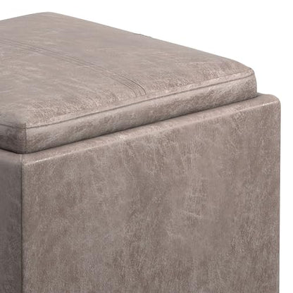 SIMPLIHOME Rockwood Cube Storage Ottoman with Tray - 17" Wide x 17" High Upholstered Vegan Leather Square Storage Ottoman in Distressed Grey Taupe, Contemporary Cube Ottoman with Serving Tray - color: Distressed Grey