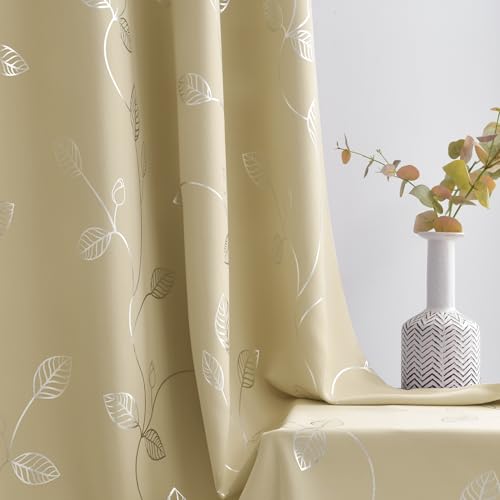 BUHUA Heat Blocking Curtains, Black Out Curtains 72 Inch Long 2 Panels Burg, Soundproof Curtains with Silver Leaf Printed (52 x 72 Inch,Beige,Set of 2 Panels) - color: Silver Leaf /Beige, size: 52"W x 72"L (Pack of 2)