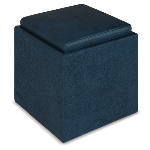 SIMPLIHOME Rockwood Cube Storage Ottoman with Tray - 17" Wide x 17" High Upholstered Vegan Leather Square Storage Ottoman in Distressed Dark Blue, Contemporary Cube Ottoman with Serving Tray - color: Distressed Dark Blue