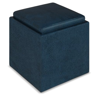 SIMPLIHOME Rockwood Cube Storage Ottoman with Tray - 17" Wide x 17" High Upholstered Vegan Leather Square Storage Ottoman in Distressed Dark Blue, Contemporary Cube Ottoman with Serving Tray - color: Distressed Dark Blue