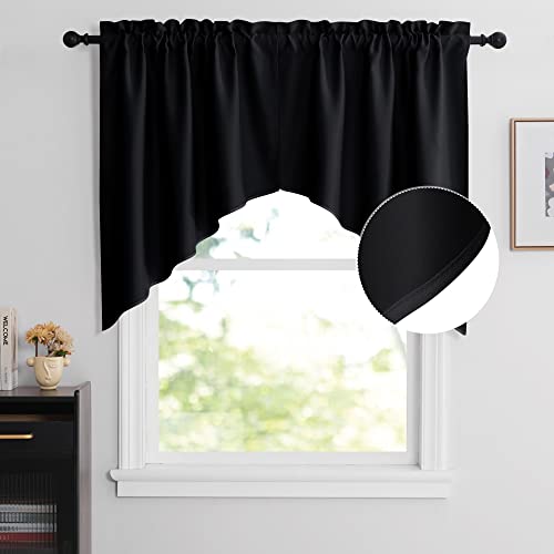 NICETOWN Half Window Rod Pocket Kitchen Tier Curtains- Room Darkening Tailored Scalloped Valance/Swags for Living Room (1 Set, 72 inches Wide Combined, 36 inches Long, Black) - color: Black, size: 36"W x 36"L (Pack of 1)