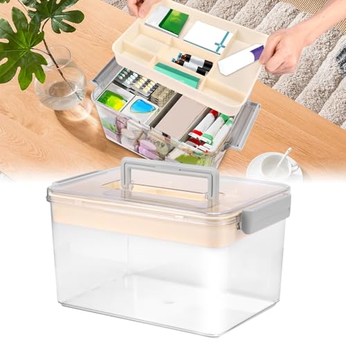 Medicine Organizer Storage Box with Handle, Clear Plastic First Aid Kit Organizer, Portable Multipurpose Emergency Supplies Container with Removable Tray for Home Office, Waterproof (Clear)