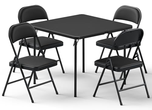 Folding Table and Chairs Set for 4, 36 Inch Foldable Card Table with Carrying Handle & 4 PU Leather Padded Folding Chairs, Portable Indoor Outdoor Dining Table Set for Picnic, Camping, RV, Game Night - color: Black, size: 3FT