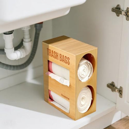 Libreshine Extra Large Bamboo 2-in-1 Trash Bag Dispenser & Roll Holder – Fits Costco Kirkland & Members Mark Jumbo Rolls, Wall/Under-Sink/Cabinet Mountable, Dual-Slot Storage for 2 Rolls - color: Natural, Large 2-slot