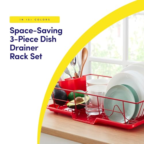 Sweet Home Collection Space-Saving 3-Piece Dish Drainer Rack Set: Efficient Kitchen Organizer for Quick Drying and Storage - Includes Cutlery Holder and Drainboard - Maximize Countertop Space, Red - color: Red