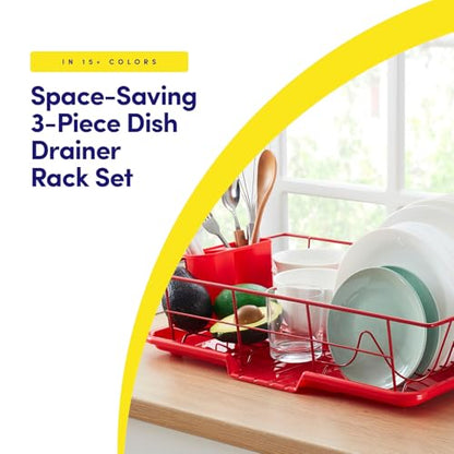 Sweet Home Collection Space-Saving 3-Piece Dish Drainer Rack Set: Efficient Kitchen Organizer for Quick Drying and Storage - Includes Cutlery Holder and Drainboard - Maximize Countertop Space, Red - color: Red