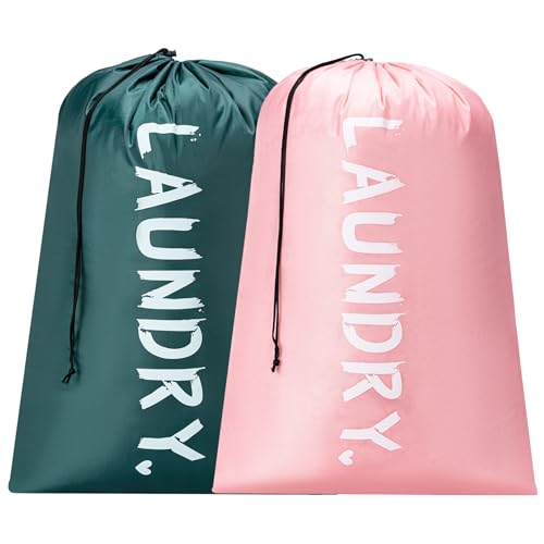 2 Pack XL Travel Laundry Bag, Machine Washable Dirty Clothes Organizer with Drawstring,Large Enough to Hold 4 Loads of Laundry, Easy Fit a Laundry Hamper or Basket Travel Essentials 24" x 36" - color: Pink+Dark Green, size: 24"x36" |2 Pack
