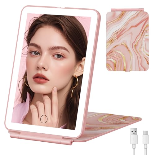FUNTOUCH Rechargeable Travel Makeup Mirror with Light, 2000mAh Portable Makeup Mirror with 3-Color Lighting, Dimmable Touch Screen, Tabletop LED Folding Cosmetic Compact Vanity Mirror - color: Marble-pink-a