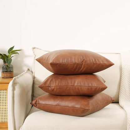 Faux Leather Throw Pillow Covers 18X18 Inch Set of 2 Brown Outdoor Modern Farmhouse Solid Decorative Pillow Covers for Room Couch Living Bedroom Bed Sofa - size: 18" x 18" (Pack of 2)