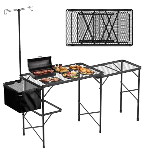 WildFinder Folding Table with Sink and Double Shelf, Camping Table Height Adjustable Folding Grill Table, Portable Outdoor Table for Picnic,Camping,BBQ,Beach,69 x20 x32 Inches(Black) - size: 5.7x2FT(Cooking Station)