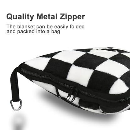 Travel Blanket and Pillow Compact, Premium Soft 2 in 1 Airplane Blanket with Soft Bag Pillowcase，Hand Luggage Sleeve and Backpack Clip (Checkered Black) - color: Checkered Black