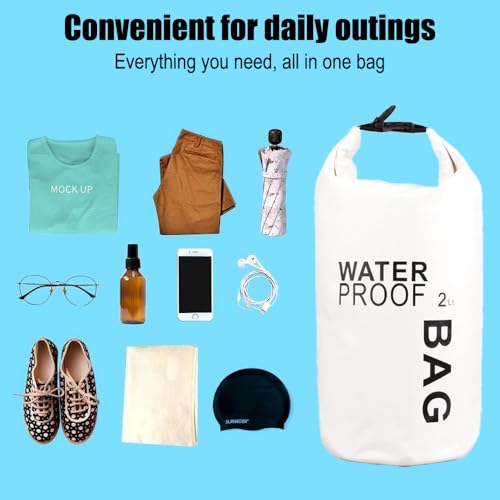 Waterproof Dry Bag 2L, Lightweight Roll-Top Sack for Kayaking Swimming Camping and Beach, Compact & Water-Resistant Outdoor Essential (White) - color: White