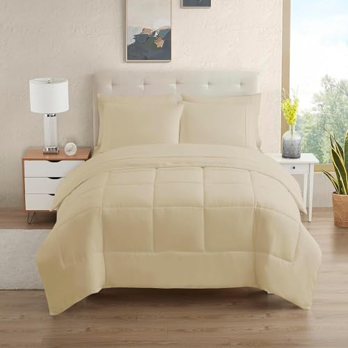 Sweet Home Collection 7 Piece Comforter Set Bag Solid Color All Season Soft Down Alternative Blanket & Luxurious Microfiber Bed Sheets, Beige, Queen - color: Beige, size: Queen