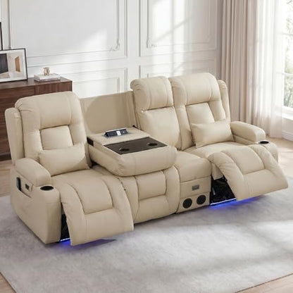 URRED Power Loveseat Recliner Sofa with Massage and Heat, Wall Hugger Reclining Loveseat with Console, RV Couch Home Theater Seating with LED Lights for Living Room (Beige, 89.8" - 3 Seats) - color: Beige, size: 89.8" - 3 Seats