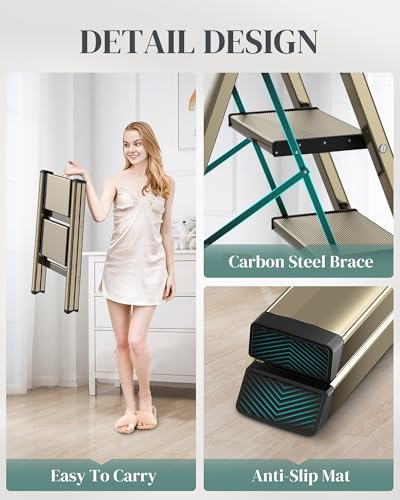 2 Step Ladder, Folding Step Stool with Wider Pedal, Anti-Slip Feet & Non Slip Stripes, Aluminum Sturdy Material, 300Lbs Capacity, Elegant Look of Champagne Gold Better Matches Your Home - color: Champagne Gold, size: 2 Step
