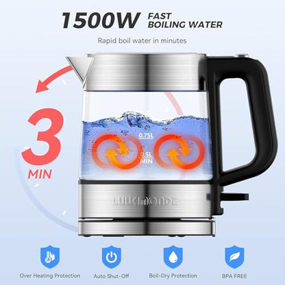 LUUKMONDE Electric Kettle, 1L 1500W, Small Glass Tea Kettle, Hot Water Boiler with LED Indicator, Cordless Water Heater Kettle, BPA-Free, Fast Boiling, Auto Shut-Off, Boil-Dry Protection