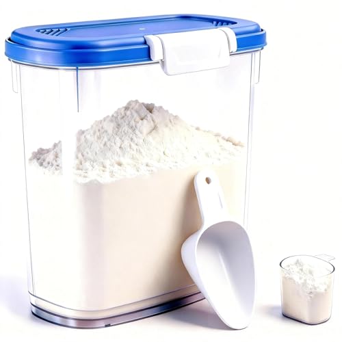 Large Rice Storage Container 20 Lbs - Tall Flour Container with Scoop + Cup - Slim Dry Food Storage Bin for Cereal, Sugar, Beans, Pet Dog Cat Food Container - Kitchen and Pantry Storage Organization - color: Sapphire Blue