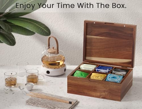 Acacia Wood Tea Bag Organizers, Tea and Sugar Packet Storage Chest with Lid, Wooden Teabag Holder Containers,Storage Box Teabox with 6 Compartments - size: Six grids