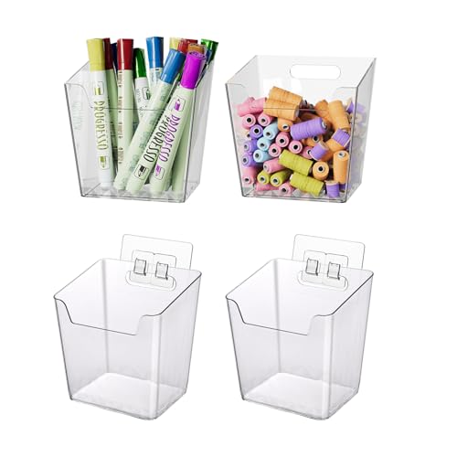 Clear Adhesive Wall Storage Bins, 4 Pack Cabinet Door Organizer Holders, Hanging Wall Mount Pockets, Plastic Cups for Shower Bathroom Makeup Office Craft Remote Kitchen Sink RV Organization (Small) - size: Small