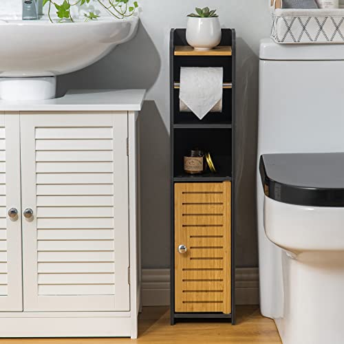 AOJEZOR Toilet Paper Holder Stand: Small Bathroom Storage Cabinet - Black - Bamboo - color: Black/Bamboo, size: 29.9 inch H