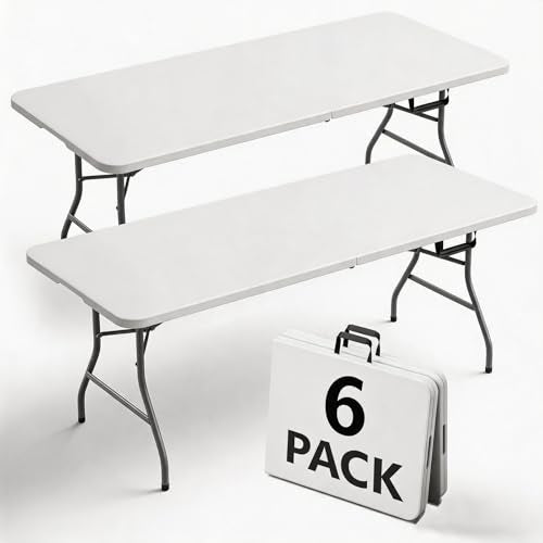 6FT Folding Table 6 Pack, Heavy Duty Plastic Table with Handel, 400lbs Portable Table, Reinforced Steel Legs, Fold-in-Half Table Ideal for Parties, Picnics, Weddings, Camping White - color: White, size: 6FT-6pack