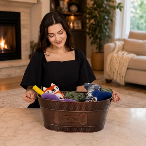 BREKX Indestructible Metal Dog Toy Bin - Copper Galvanized Storage Bin with Handles, Pet Storage Organizer - Ropes, Blankets, & Leashes, Bone Design Pet Toy Box (15-Quart) - color: Antique Copper