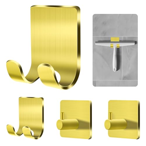 CGBE 4 Packs Shower Hooks for Inside Shower, Self Adhesive Shaver Holder Hanger Hooks for Bathroom Damage Free Wall Hooks for Razor Loofah Sponge - Gold - color: Gold, size: 4 Pack