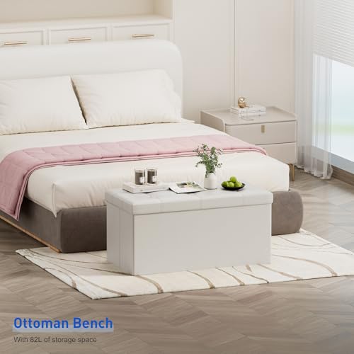 BRIAN & DANY 30 Inches Storage Ottoman Bench, Faux Leather Ottoman with Storage, Folding Bench Shoe, Foot Rest Stool, for Living Room, White - color: White