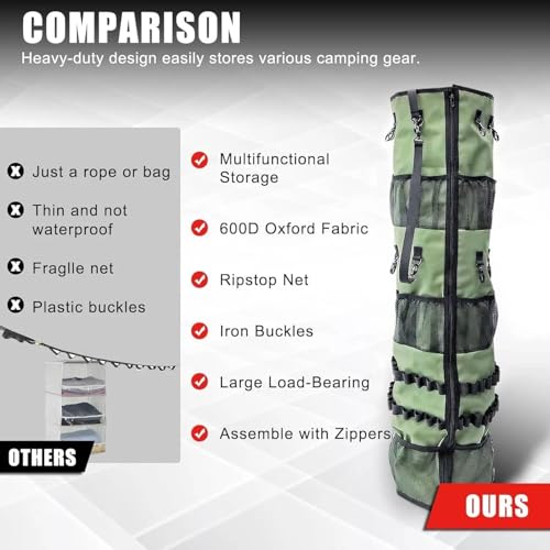 Camping Hanging Organizer Tent Organizer for Inside with Campsite Storage Straps & Mesh Pockets & Hanging Hooks for Camping, RV Camper, Picnic, One-Piece Storage Bag Multiple Can Be Spliced