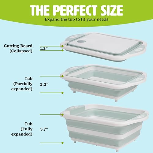 Tasty Multifunctional Cutlery Set, Includes Cutting Board with Built-In 7.5-Quart Collapsible Tub, Utility and Paring Knives, Space Saving Design, 3-Piece Set, Dishwasher Safe