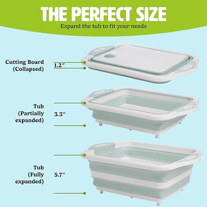 Tasty Multifunctional Cutlery Set, Includes Cutting Board with Built-In 7.5-Quart Collapsible Tub, Utility and Paring Knives, Space Saving Design, 3-Piece Set, Dishwasher Safe