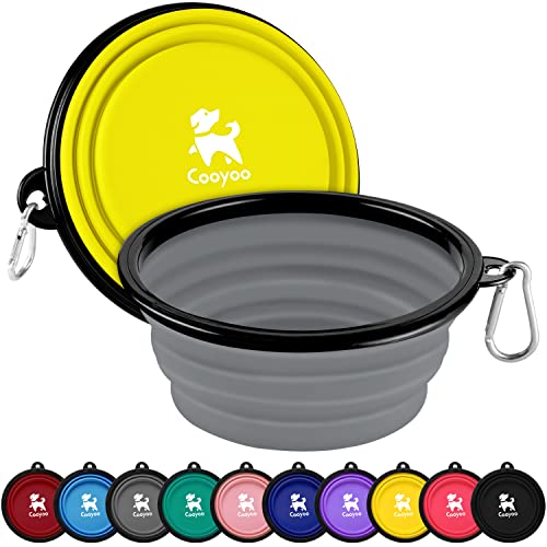 COOYOO Collapsible Dog Bowl,2 Pack Collapsible Dog Water Bowls for Cats Dogs,Portable Pet Feeding Watering Dish for Walking Parking Traveling with 2 Carabiners - color: 12#Yellow+Grey, size: Large