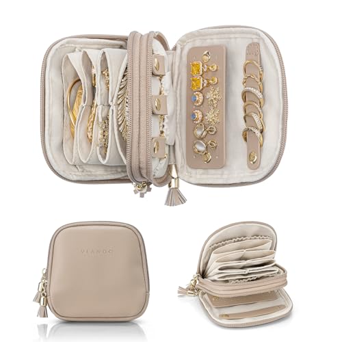 VLANDO Travel Jewelry Case,2-Layer Jewelry Organizer,Gifts for Women Bride,Travel Essentials,Multi-Compartment Jewelry Storage for Rings Earrings Necklaces Bracelets - Toffee - color: Toffee