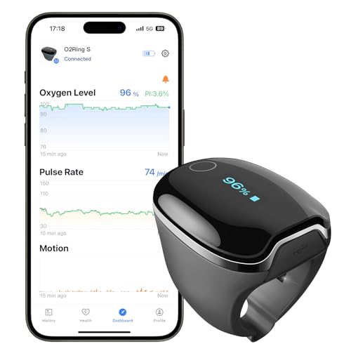 Wellue O2Ring-S Oxygen Monitor with Vibration Reminder, Bluetooth Pulse Oximeter Tracks SPO2 and Pulse Rate, 24 hrs Battery Life, 4*10 Hours Built-in Memory, Rechargeable Pulse Ox with Free PC & APP - size: Standard