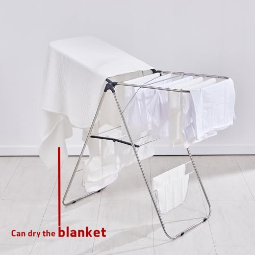 TRES BELLE L-Size Stainless Steel Gullwing Clothes Drying Rack, Foldable Heavy Duty Metal Laundry Dryer with Secure-Rod & 4 Bottom Bars for Sweater, Towel, Socks, Indoor Outdoor Use - size: Large
