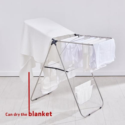 TRES BELLE L-Size Stainless Steel Gullwing Clothes Drying Rack, Foldable Heavy Duty Metal Laundry Dryer with Secure-Rod & 4 Bottom Bars for Sweater, Towel, Socks, Indoor Outdoor Use - size: Large