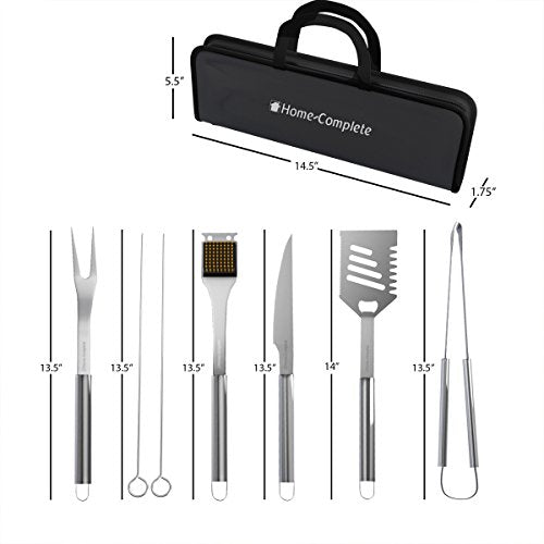 7-Piece BBQ Grill Tool Kit - Stainless Steel BBQ Accessories Kitchen Set with Spatula, Tongs, Fork, Knife, Brush, Skewers, and Case by Home-Complete